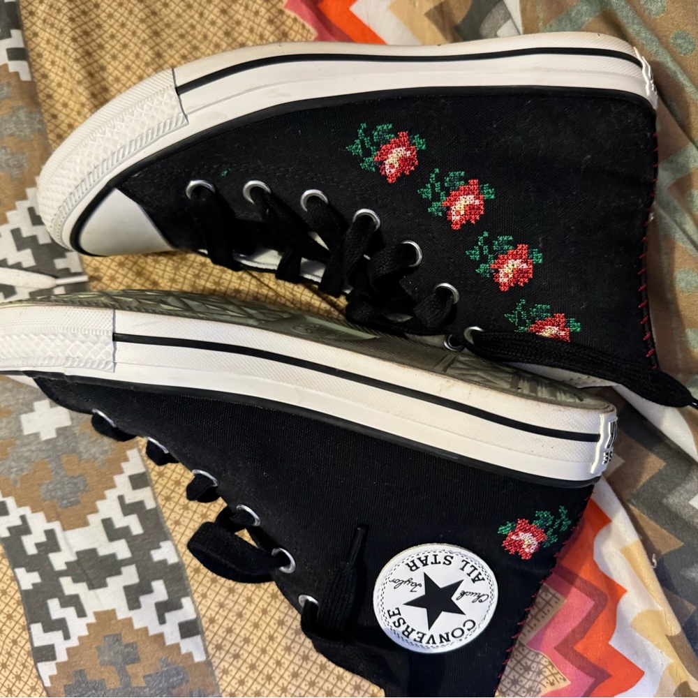 Converse Black High-Tops with Red Floral Embroidery